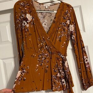 Maurices Floral Wrap Blouse in Burnt Orange and Cream